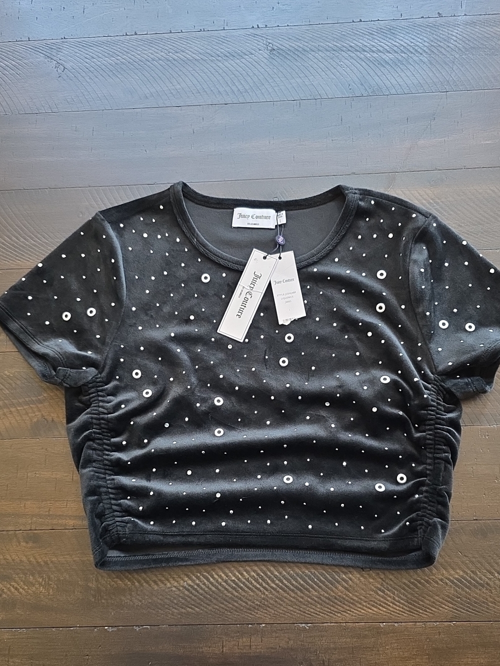 NWT Juicy Couture Black Velour Studded Crop Top Liquorice Rock Festival Sz L